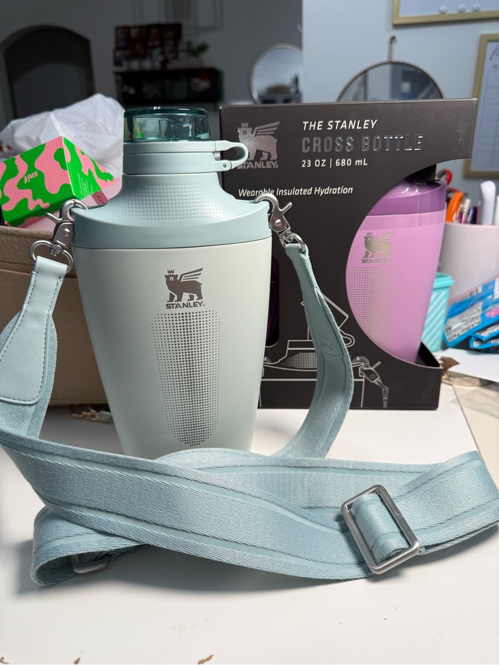 Stanley Mint Green & purple  Cross Bottle with Removable Strap set NWT